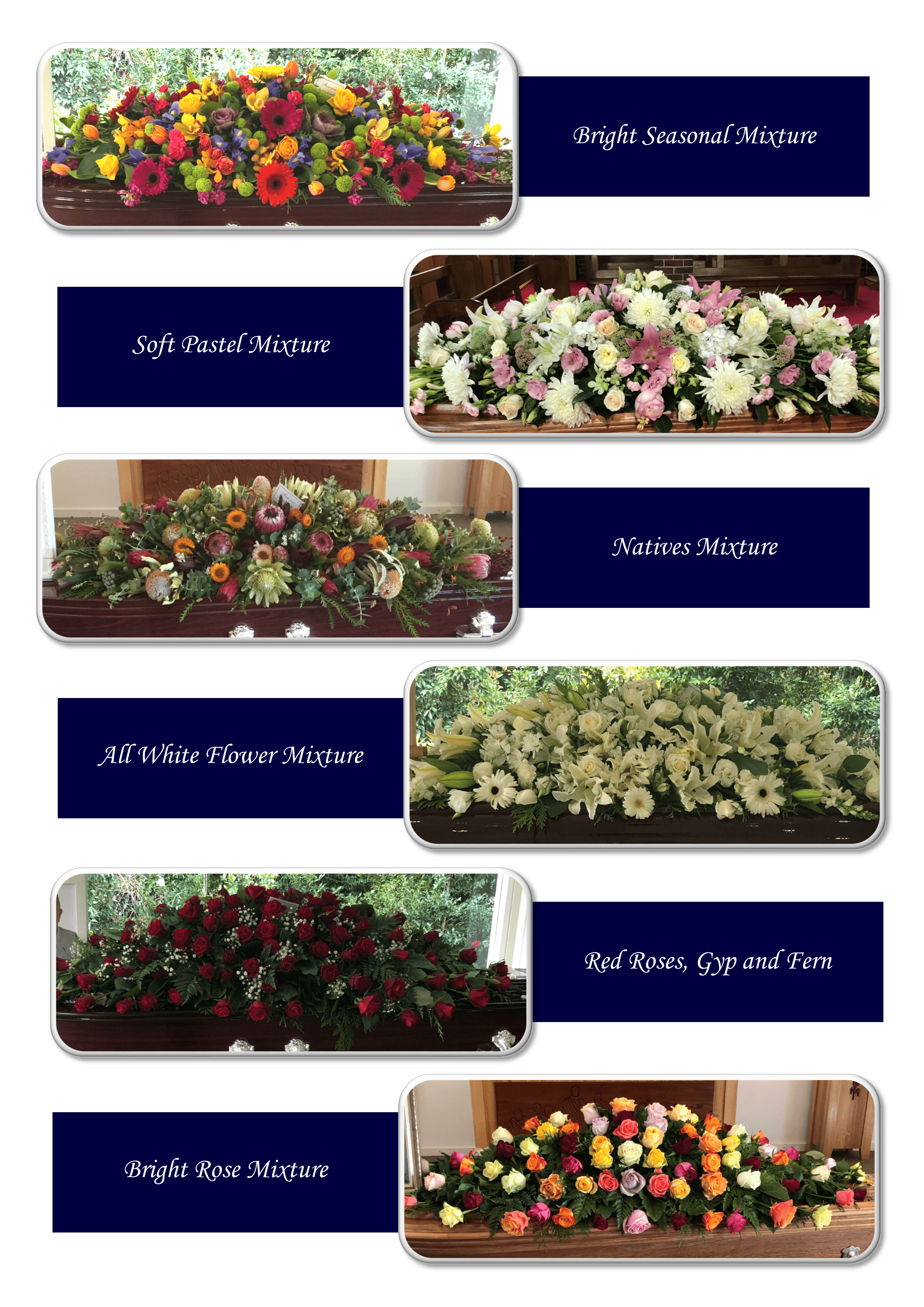 Catalogue sheet of casket flower spray choices — Bright Seasonal Mixture, Soft Pastel Mixture, Natives Mixture, All White Flower Mixture, Red Roses Gyp and Fern, and Bright Rose Mixture