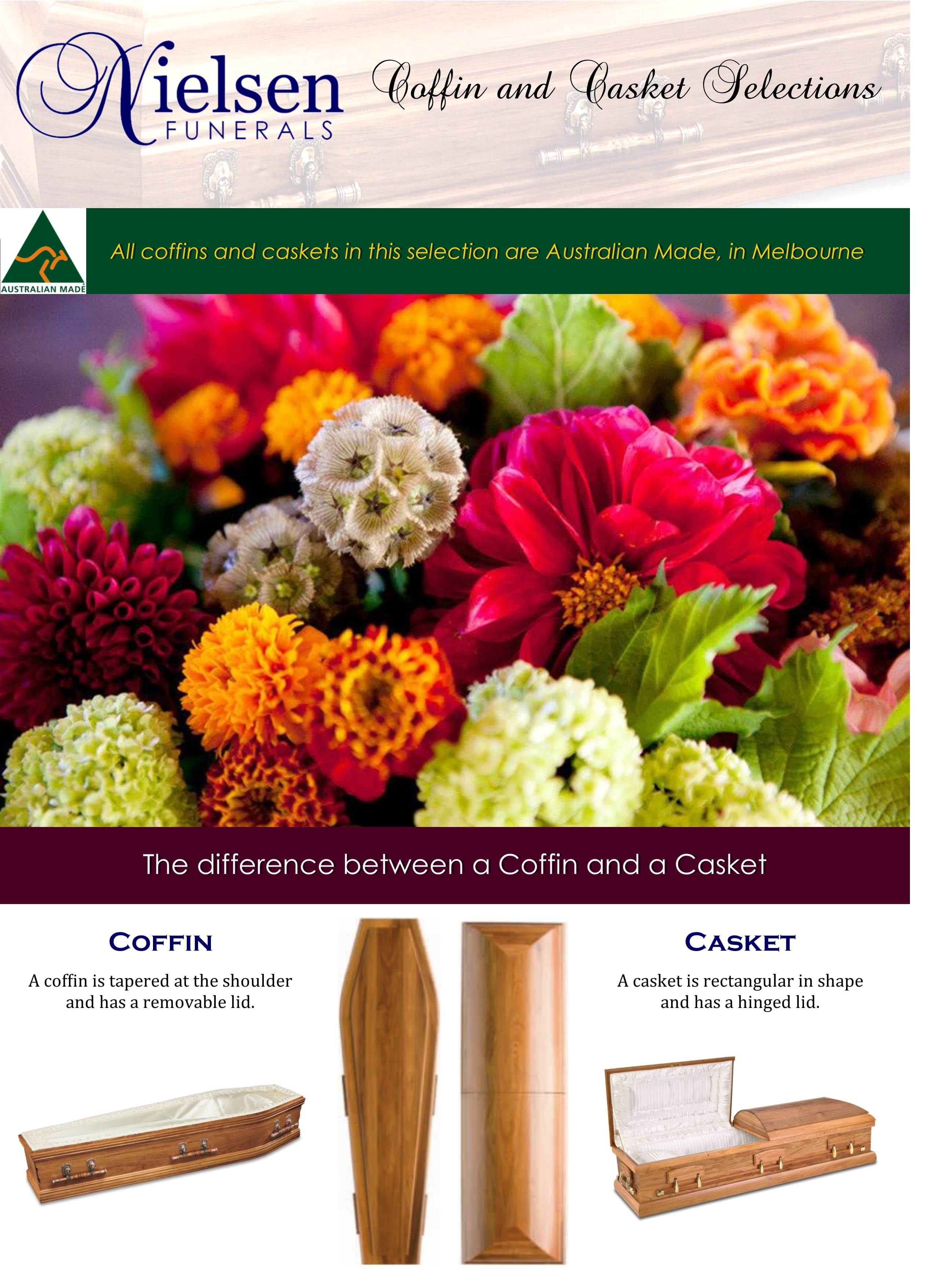 Coffin and Casket Selections catalogue cover, with a diagram explaining the shape difference between a coffin and a casket