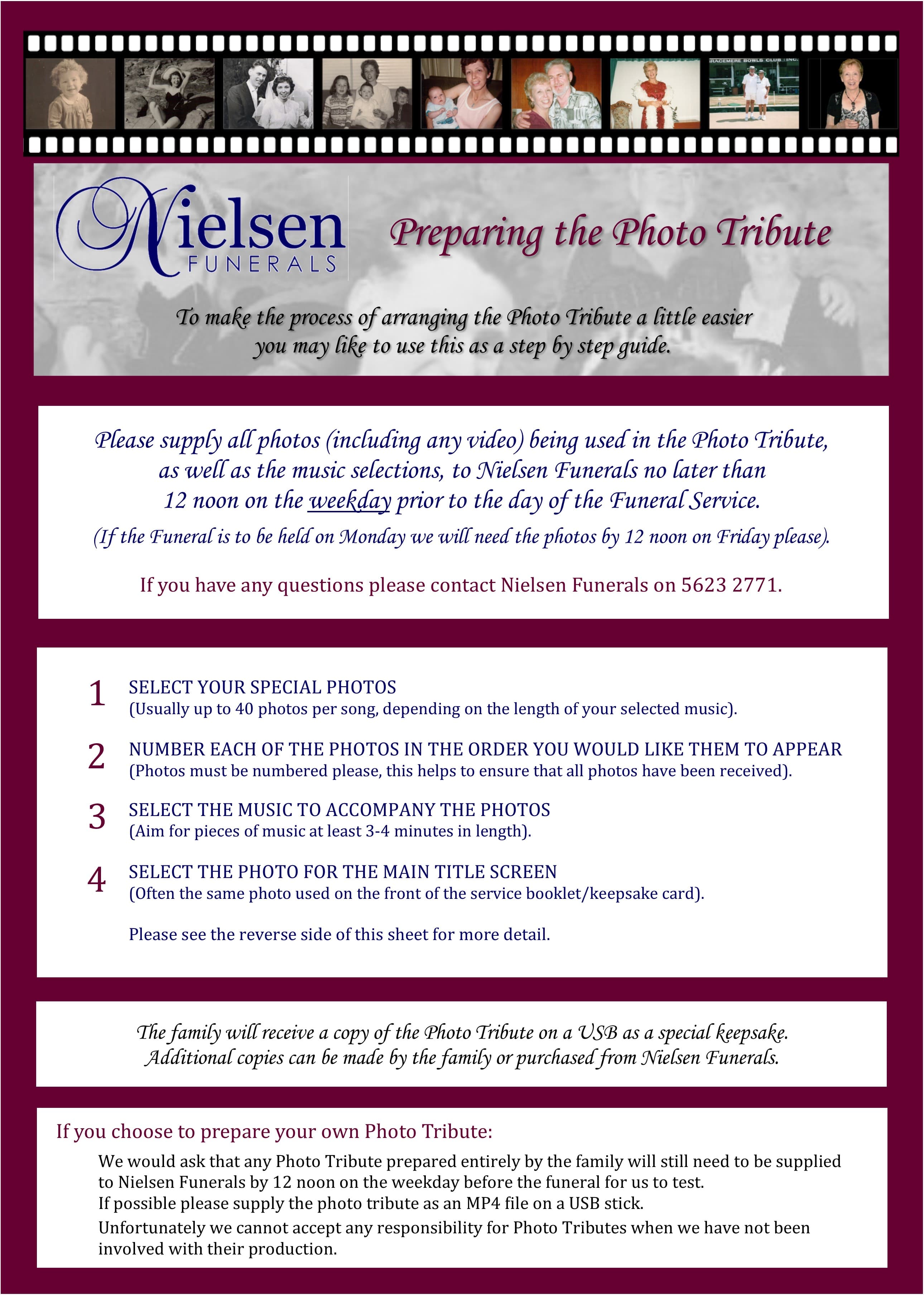 The cover page of the Nielsen Funerals photo tribute guide, 'Preparing the Photo Tribute'