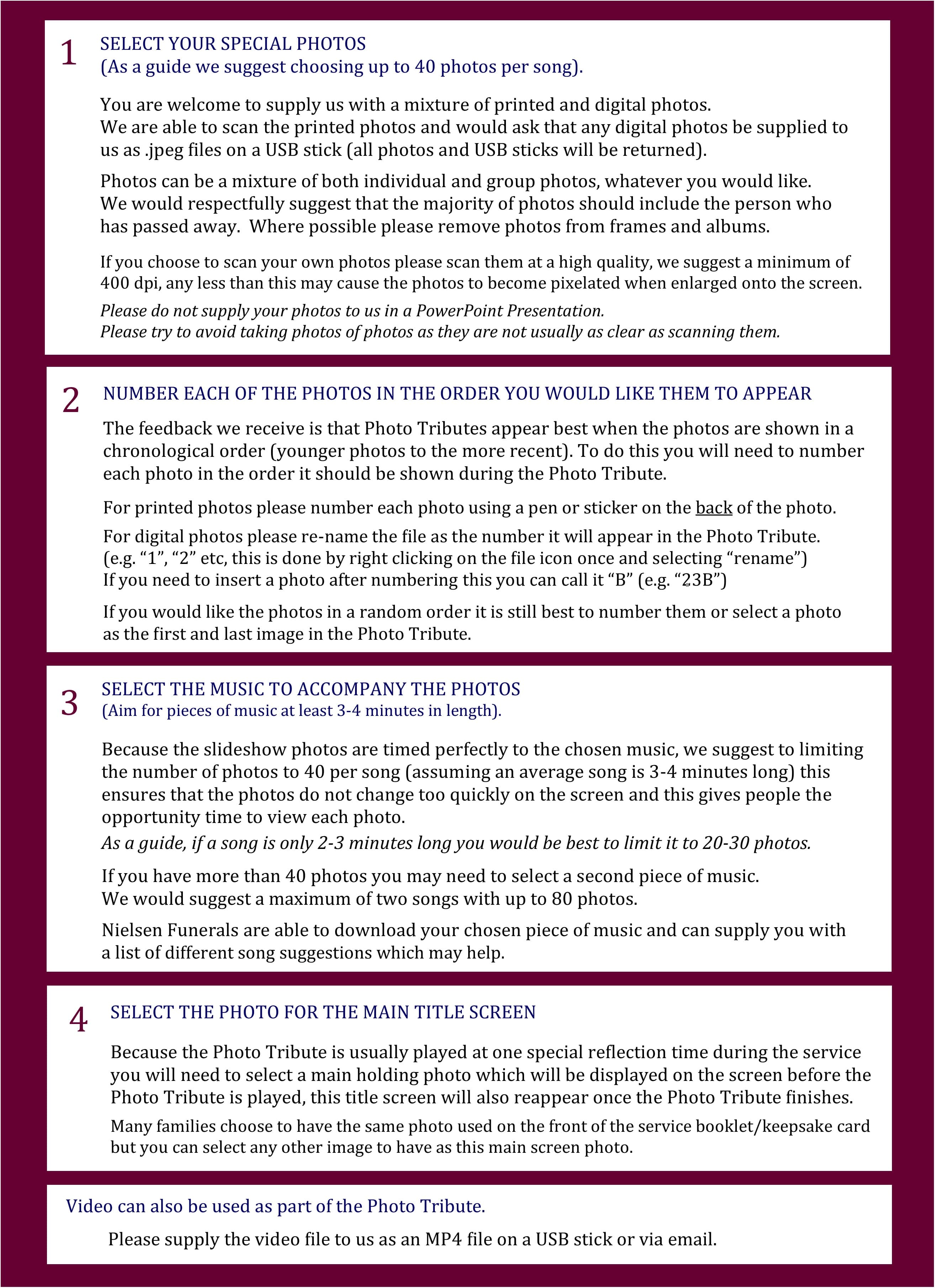 A page from the photo tribute guide outlining the steps to prepare your photos
