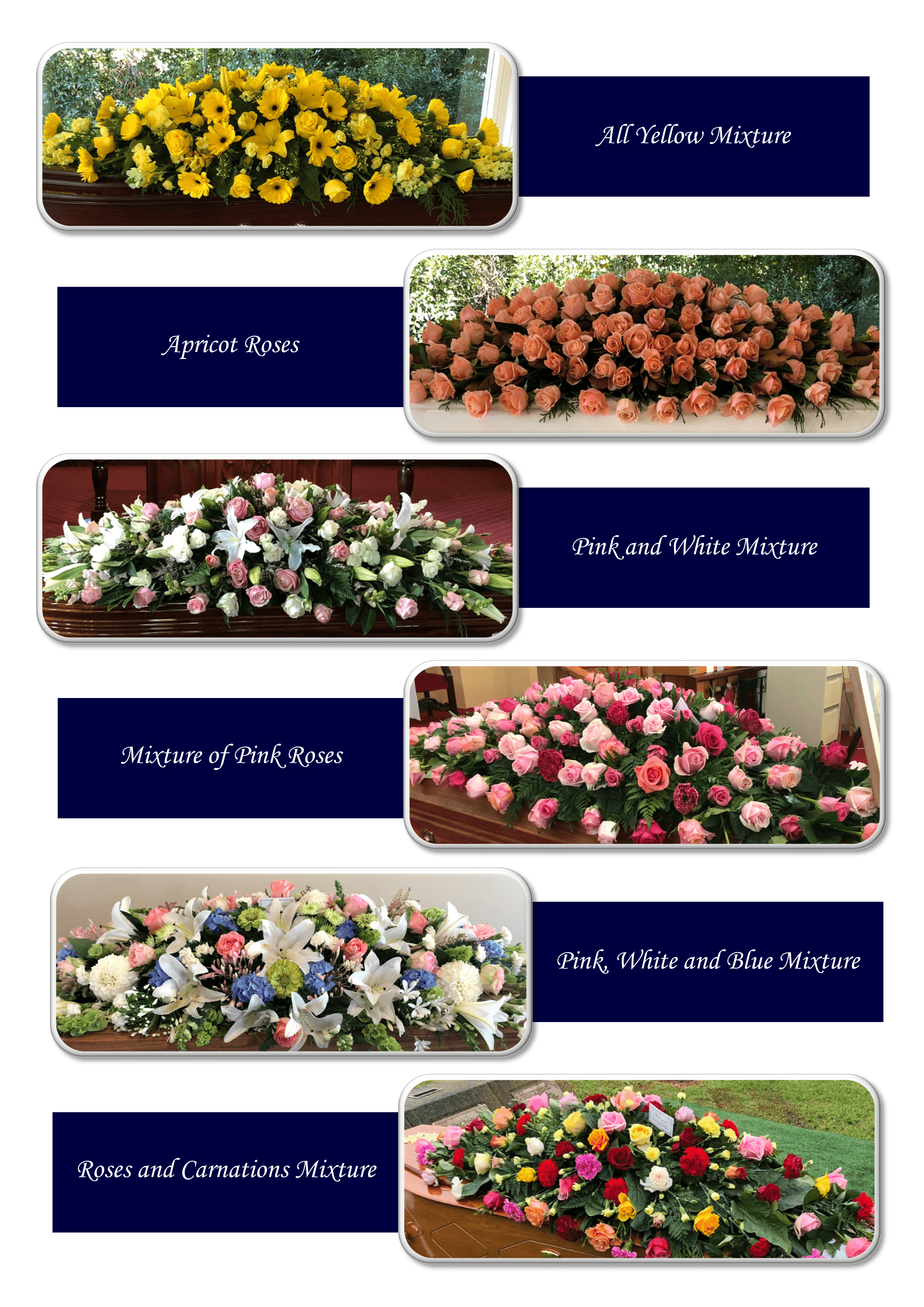 Catalogue sheet of casket flower spray choices — All Yellow Mixture, Apricot Roses, Pink and White Mixture, Mixture of Pink Roses, Pink White and Blue Mixture, and Roses and Carnations Mixture