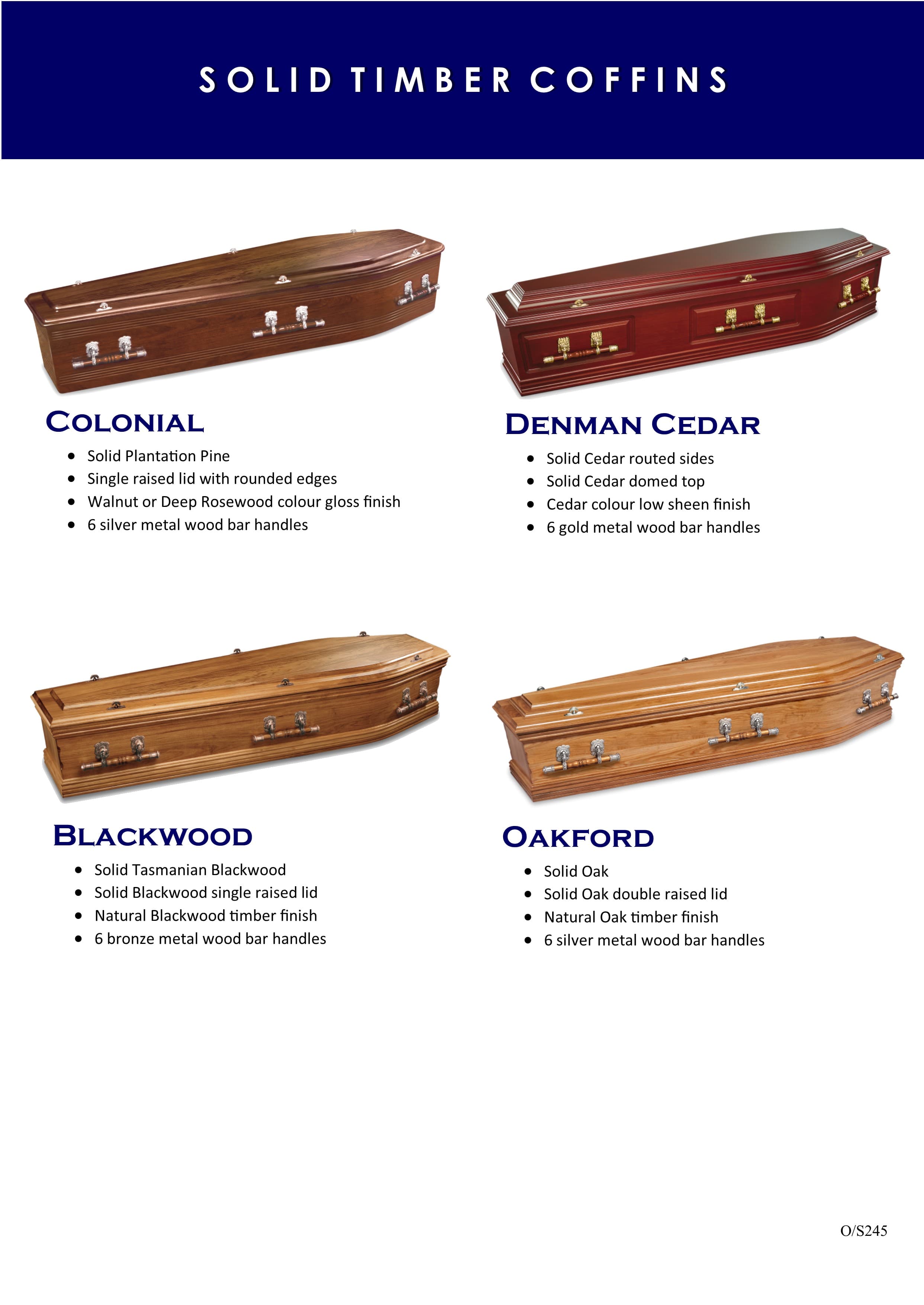 Catalogue page for solid timber coffins — Colonial, Denman Cedar, Blackwood and Oakford models