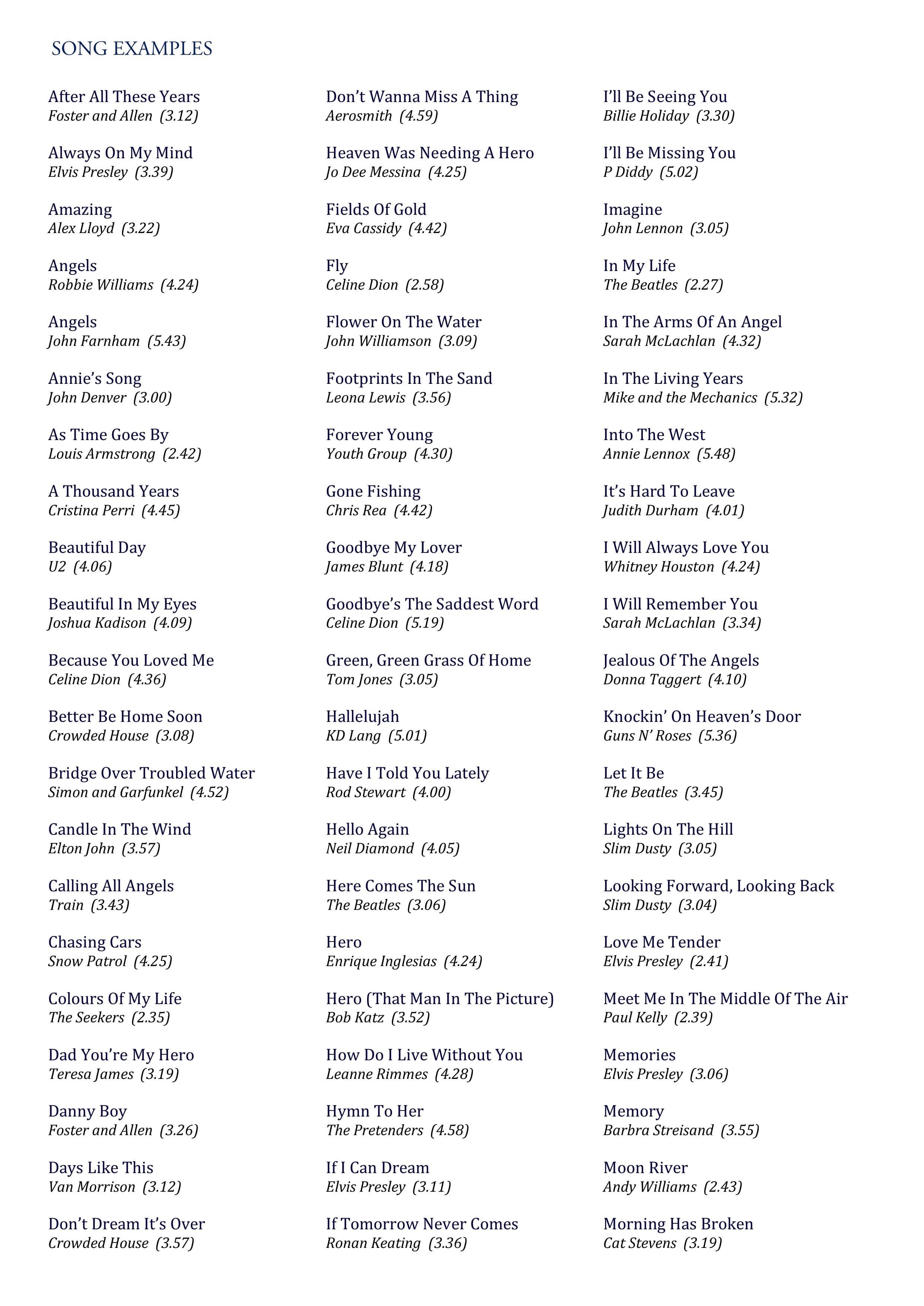 A page from the funeral music guide listing example songs