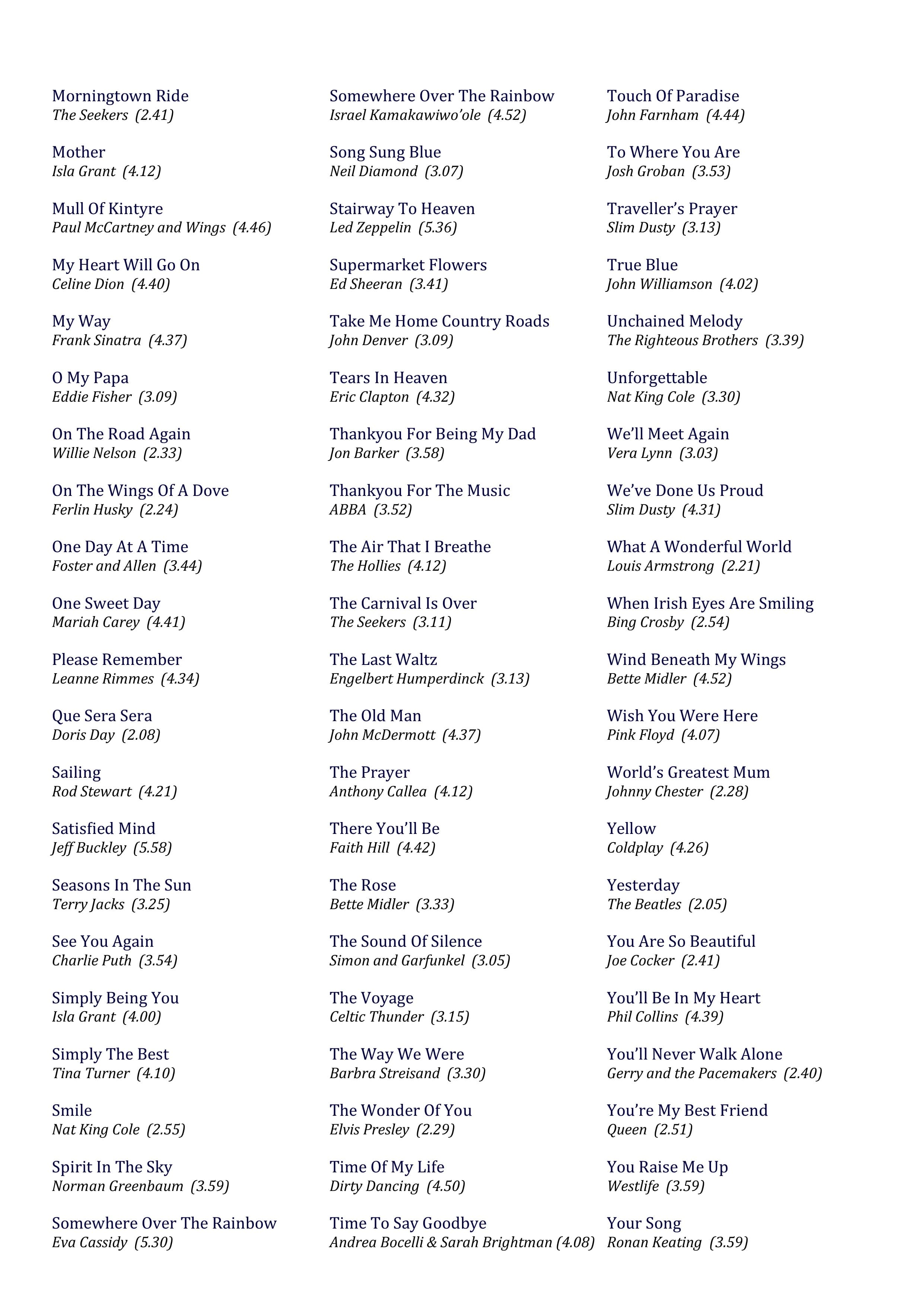 A further page of example songs from the funeral music guide