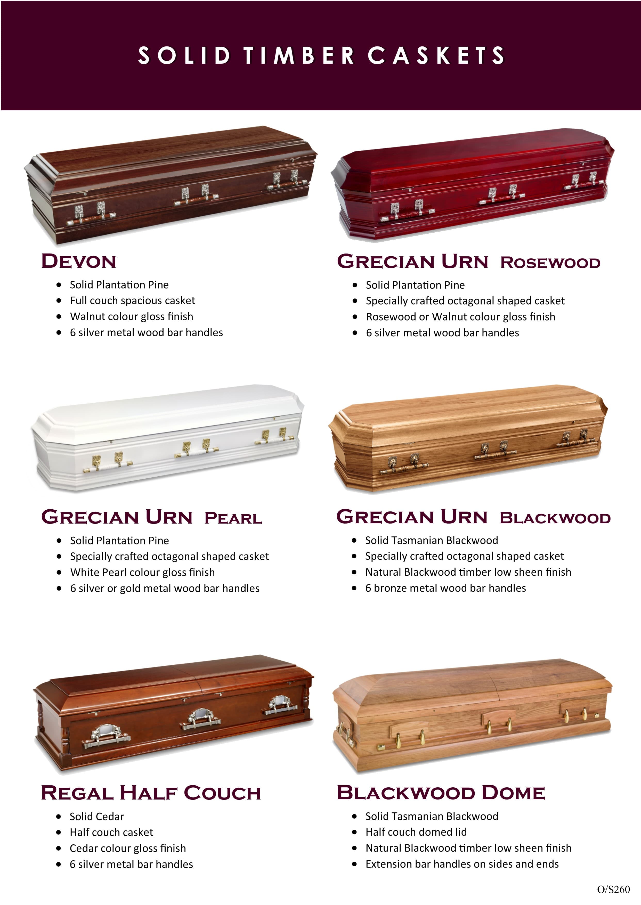 Catalogue page for solid timber caskets — Devon, Grecian Urn Rosewood, Grecian Urn Pearl, Grecian Urn Blackwood, Regal Half Couch and Blackwood Dome models