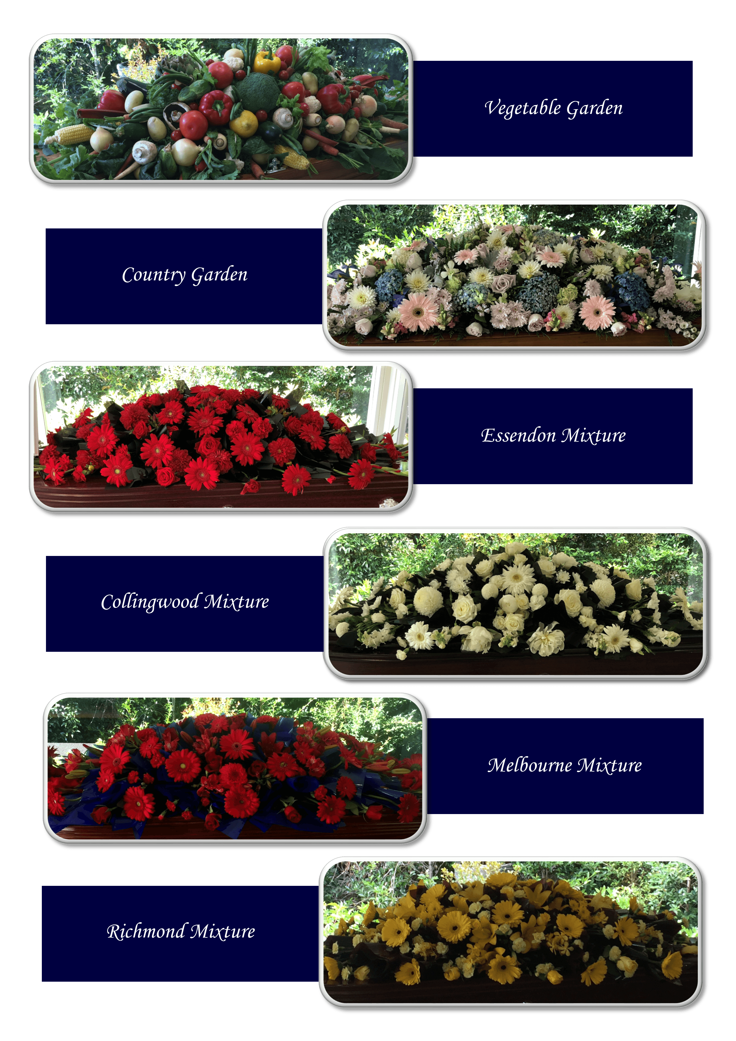 Catalogue sheet of casket flower spray choices — Vegetable Garden, Country Garden, Essendon Mixture, Collingwood Mixture, Melbourne Mixture, and Richmond Mixture