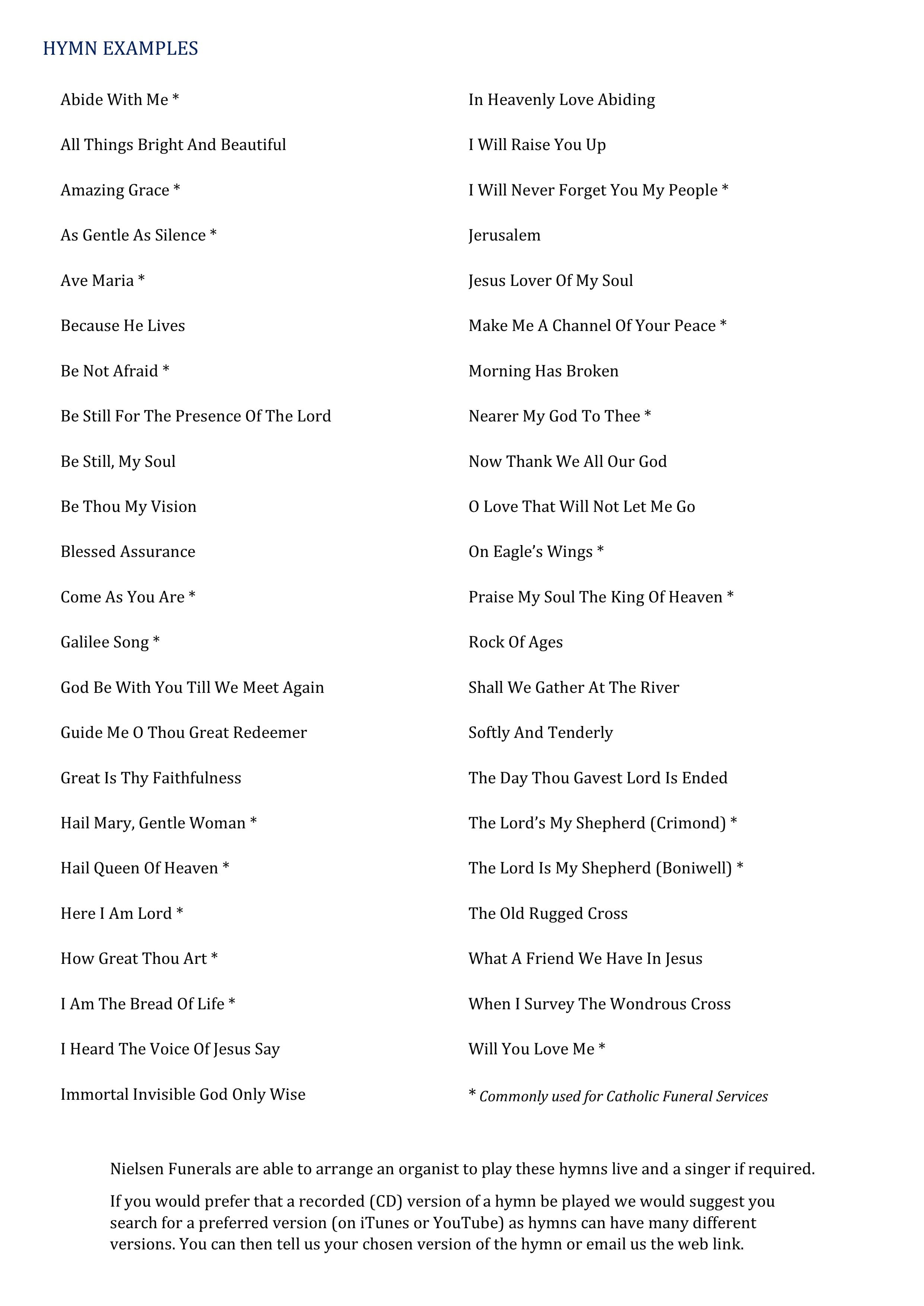 A page from the funeral music guide listing example hymns