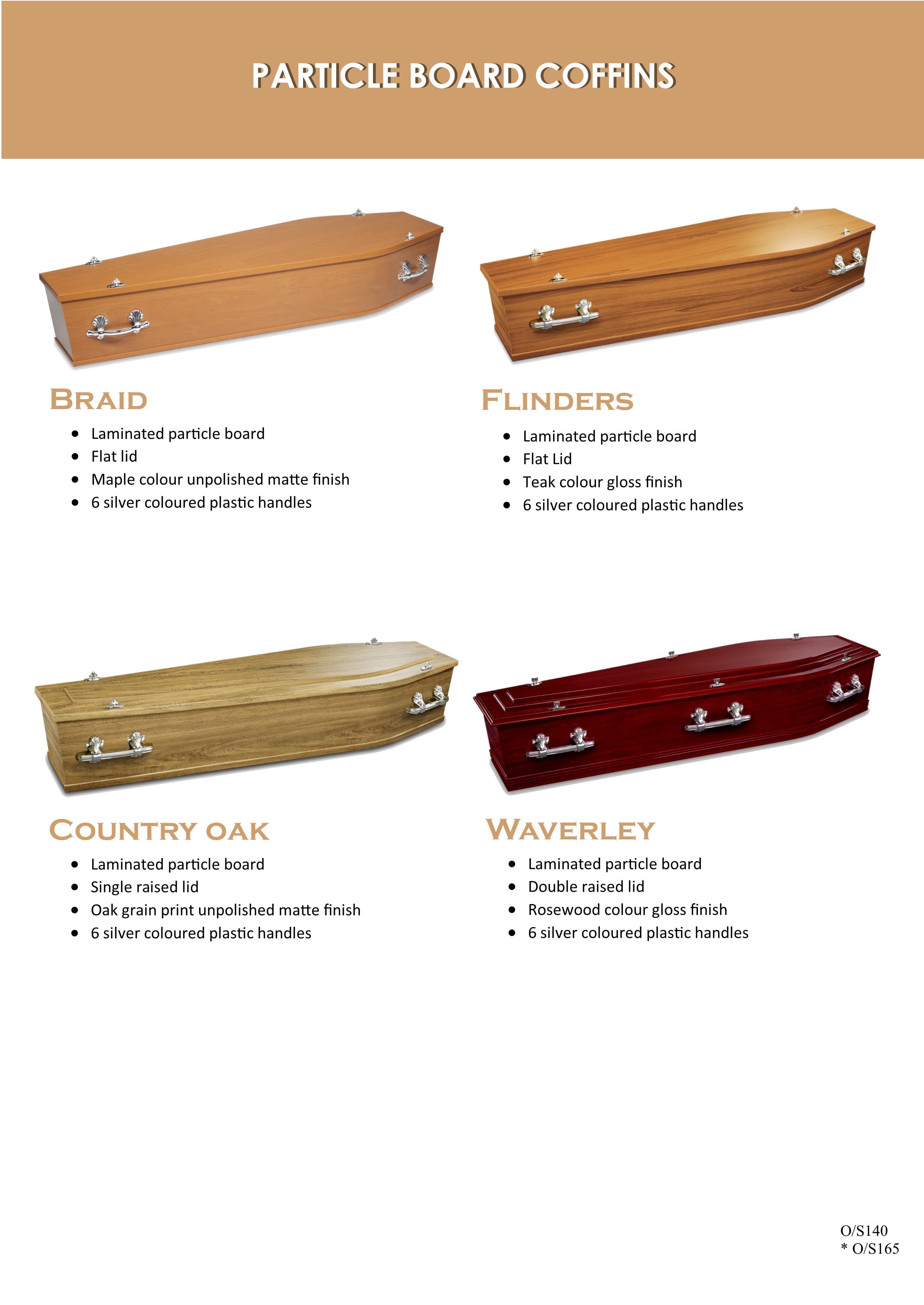 Catalogue page for particle board coffins — Braid, Flinders, Country Oak and Waverley models