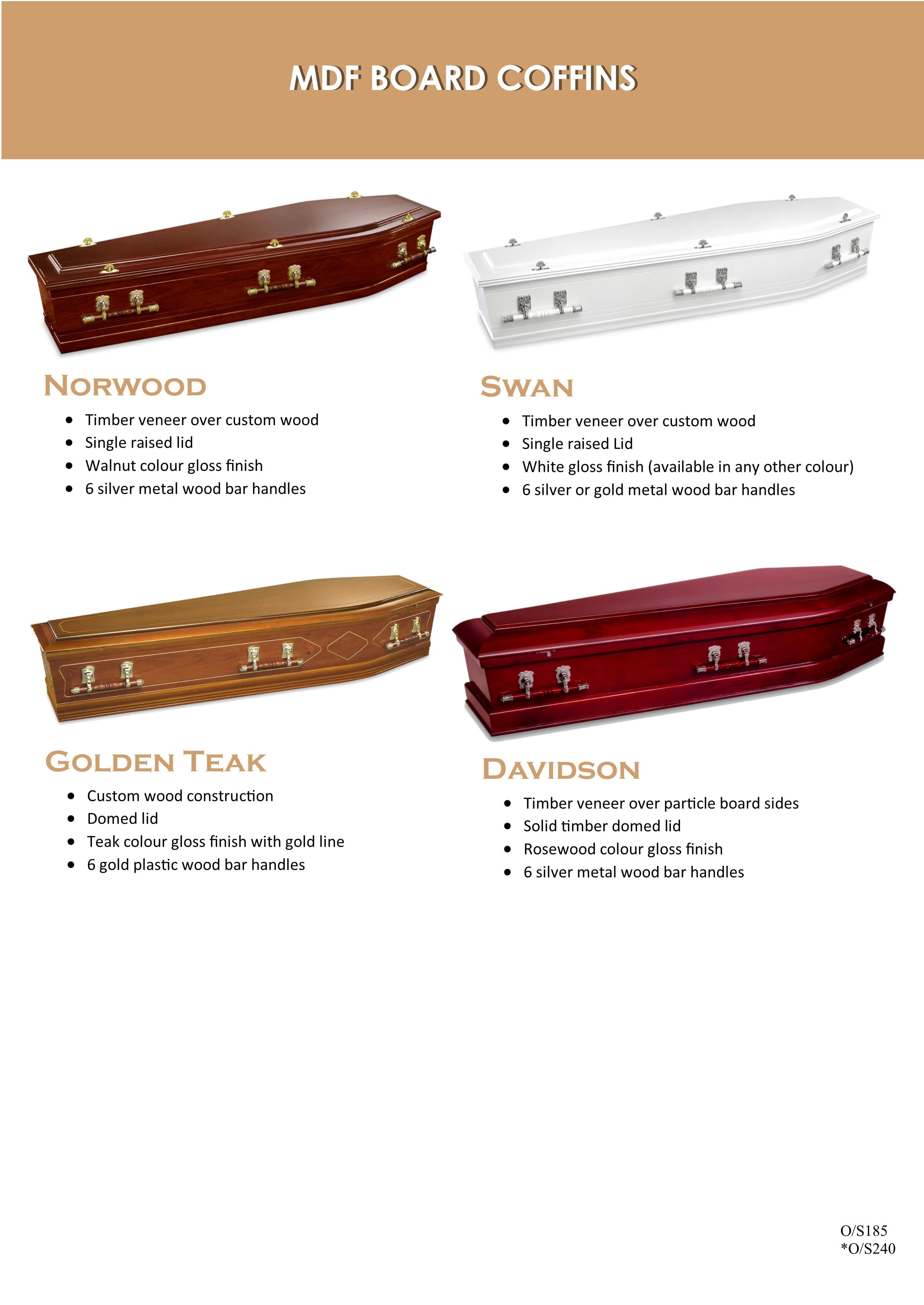 Catalogue page for MDF board coffins — Norwood, Swan, Golden Teak and Davidson models