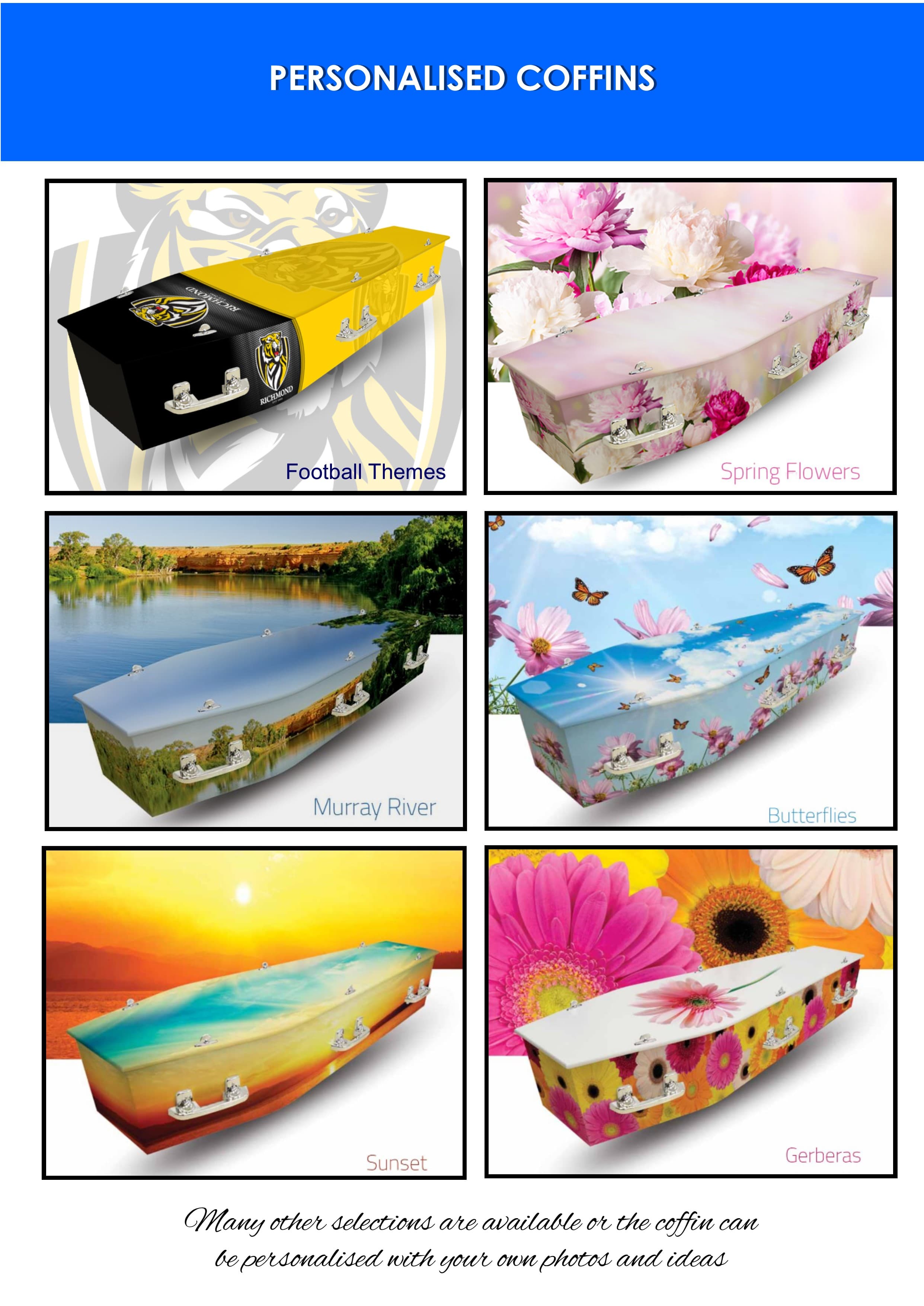 Catalogue page for personalised coffins — Football Themes, Spring Flowers, Murray River, Butterflies, Sunset and Gerberas designs