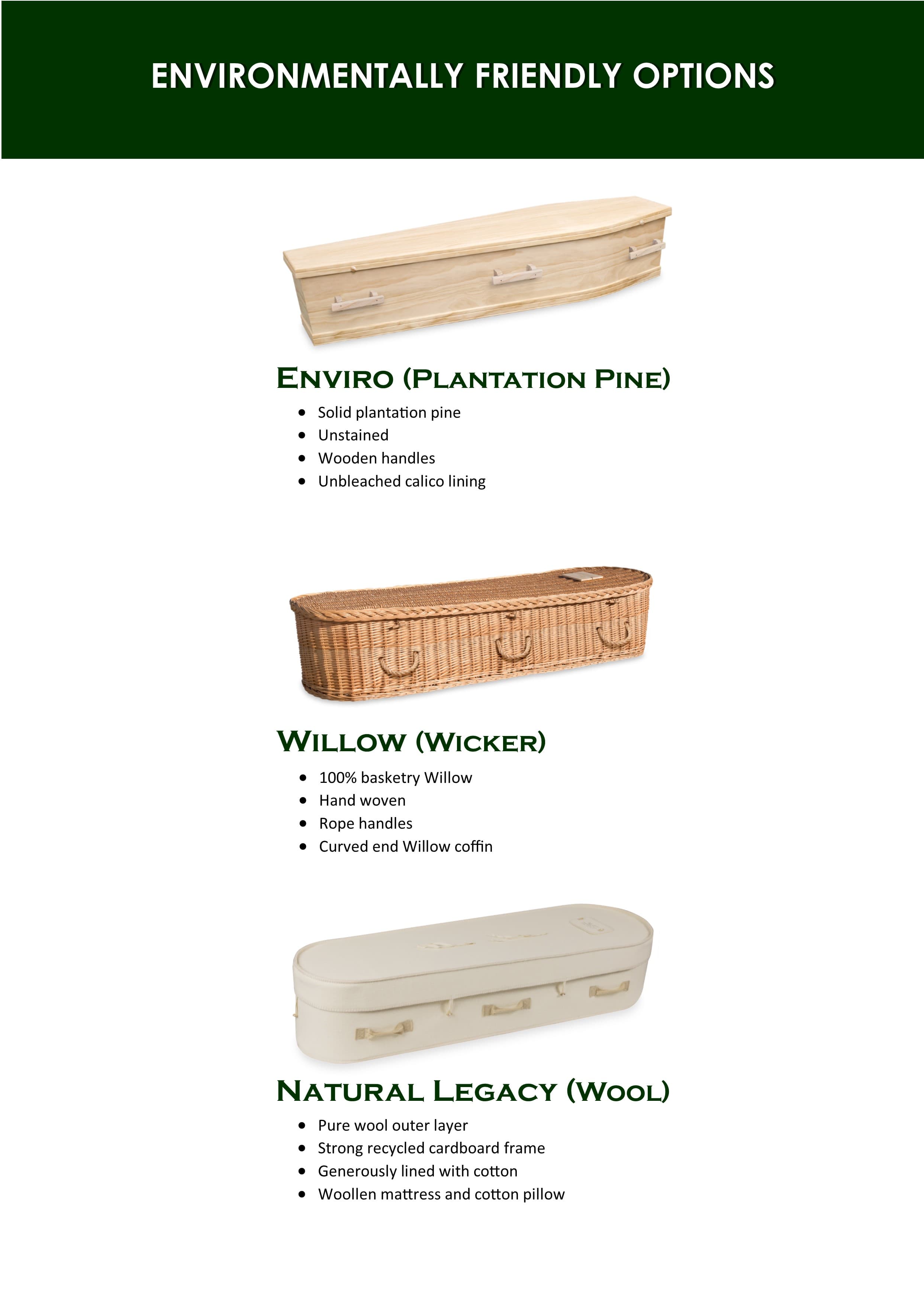 Catalogue page for environmentally friendly coffins — Enviro Plantation Pine, Willow Wicker and Natural Legacy Wool models