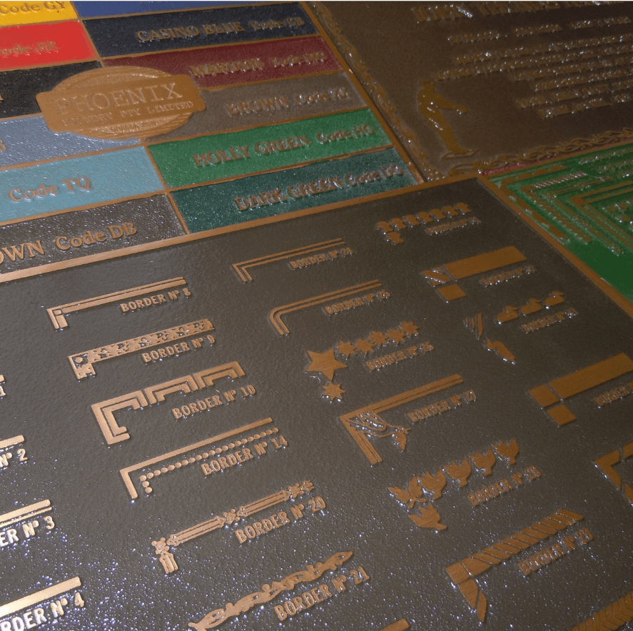 A sample chart of plaque colours and border designs