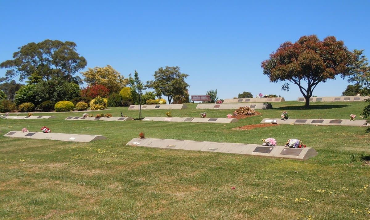 Rows of lawn cemetery memorial plaques among garden beds