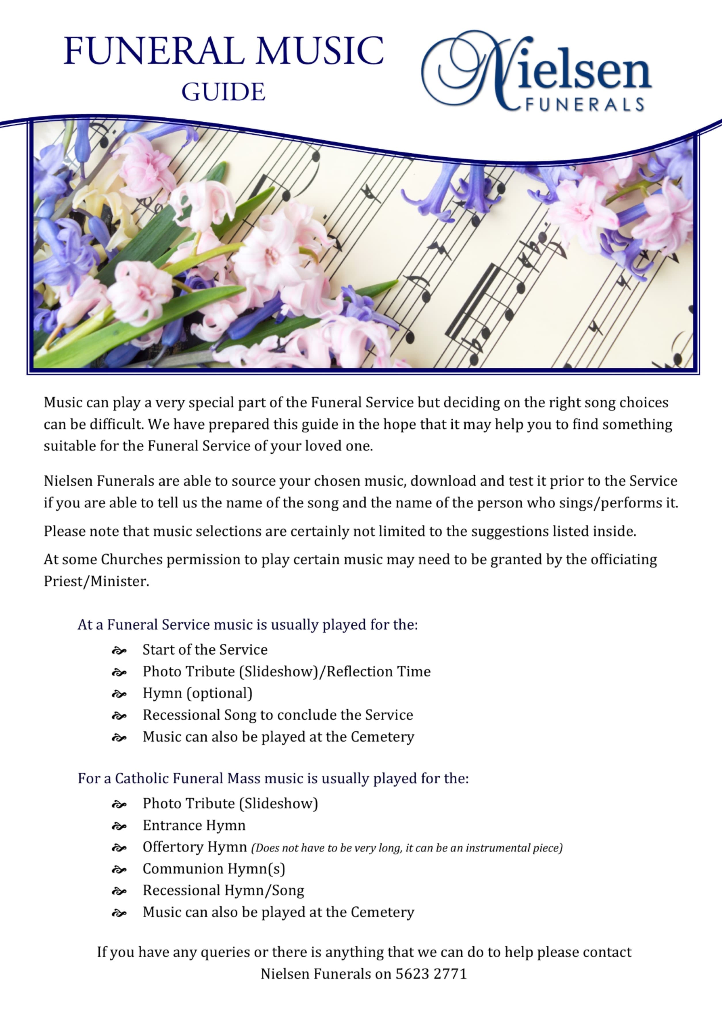 Cover page of the Nielsen Funerals funeral music guide, showing flowers on sheet music