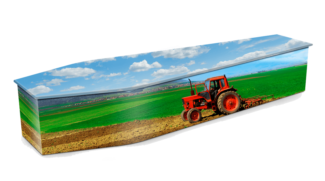 Personalised coffin featuring a farm tractor and paddock design