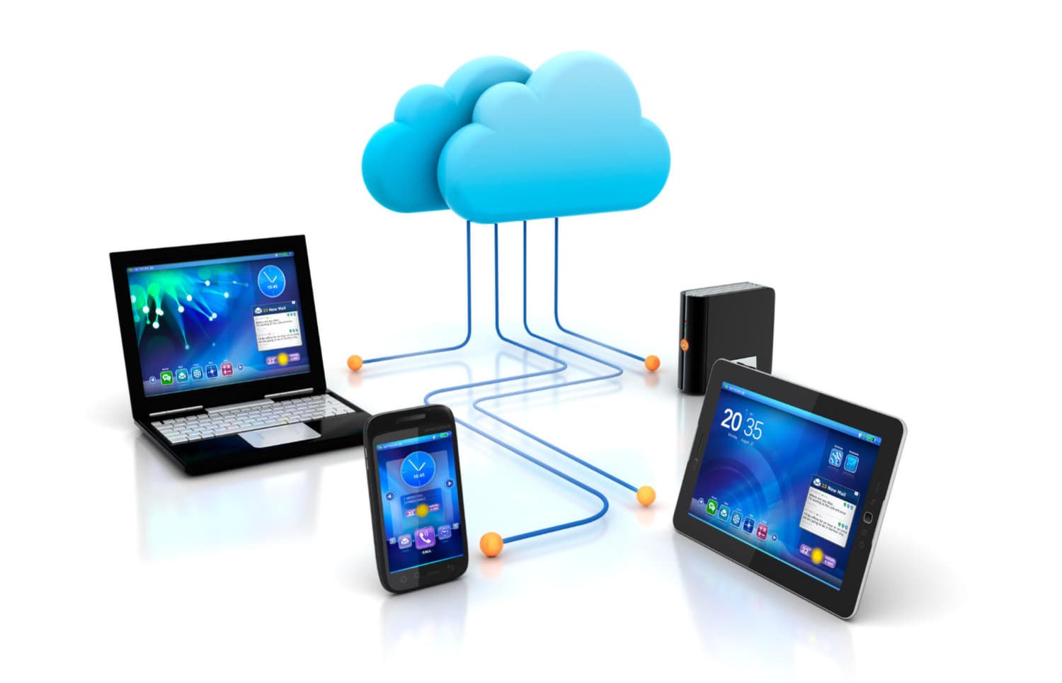 A laptop, phone and tablet connected to a cloud icon, representing webcasting