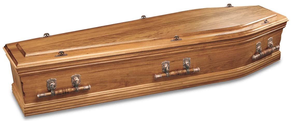 Light timber coffin with bronze handles, lid closed