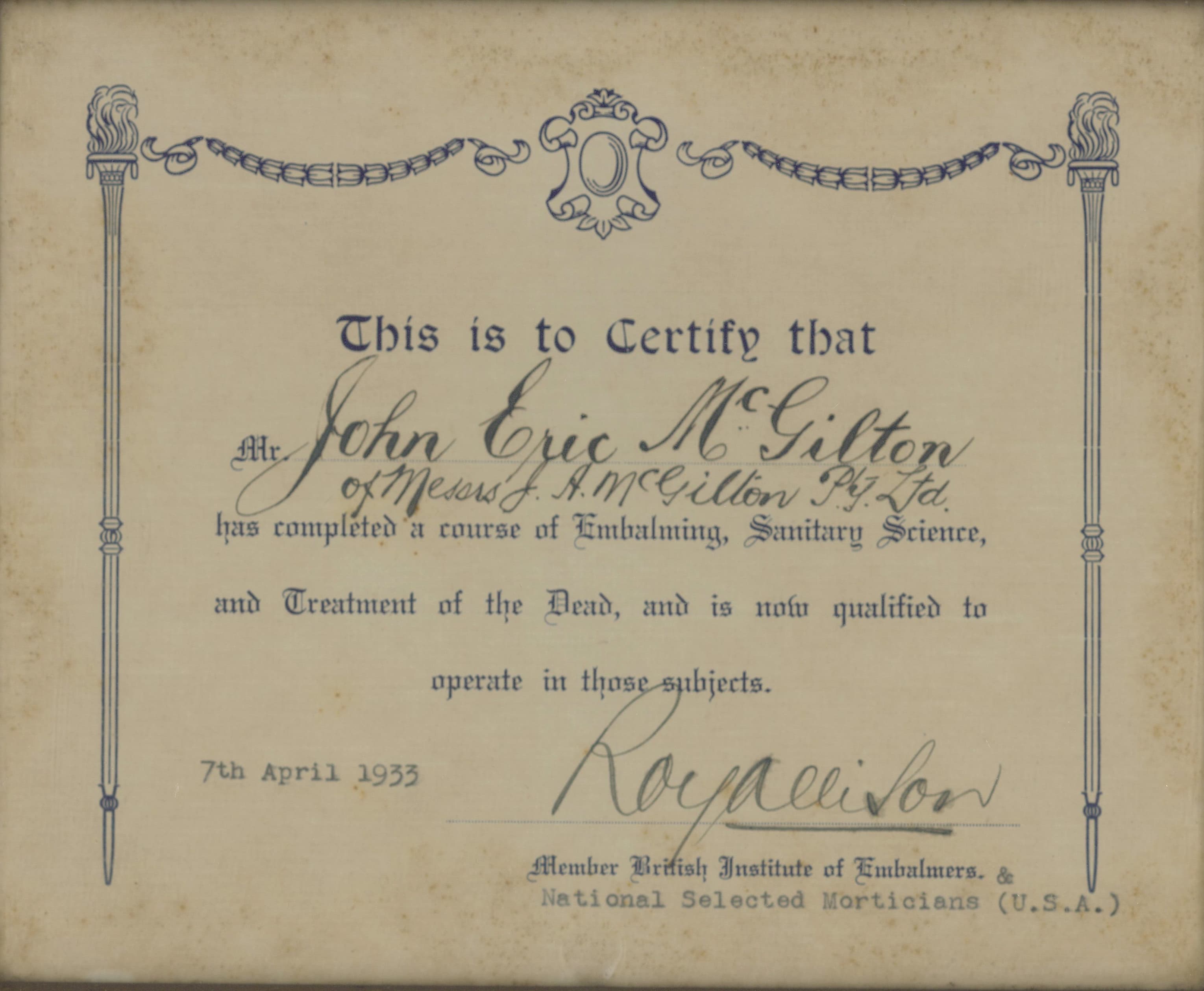 Eric's Embalming Cert 1933