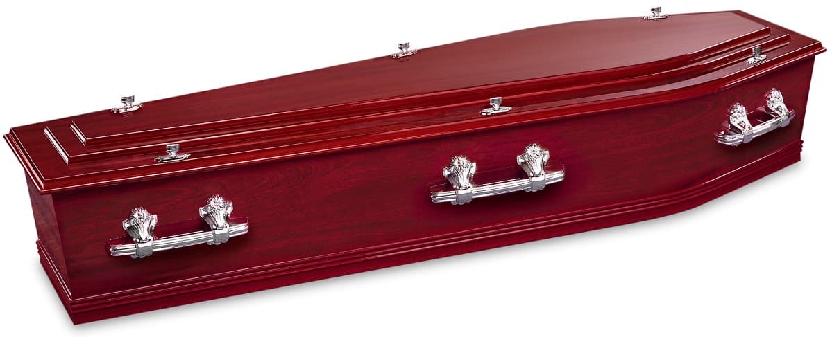 Mahogany-finish coffin with silver handles, lid closed