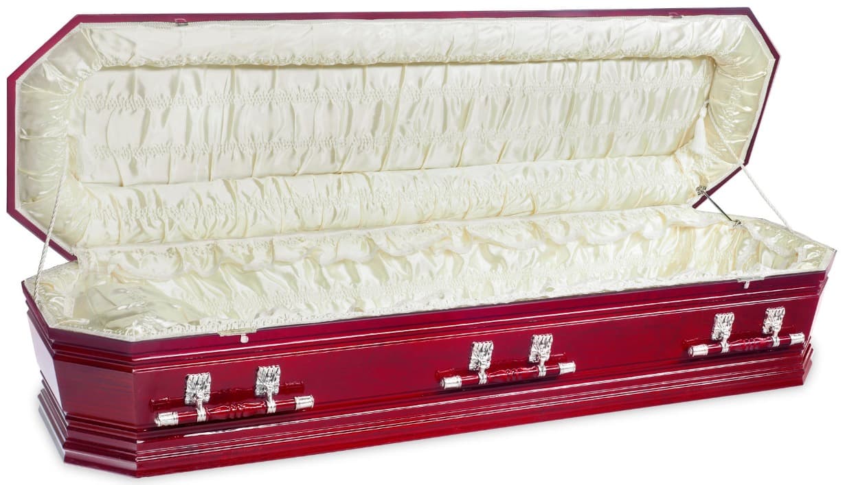 Open casket showing cream satin lining and handles