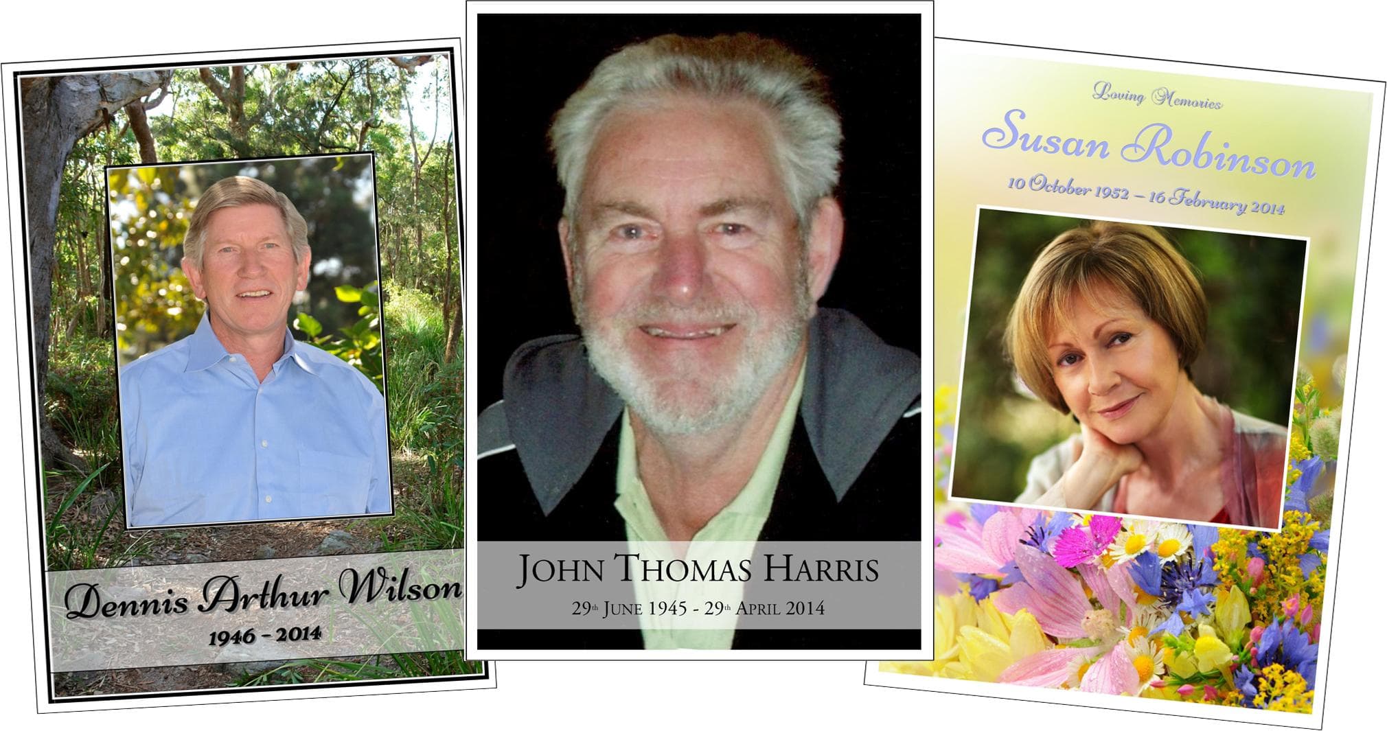Examples of personalised memorial service booklets and keepsake cards